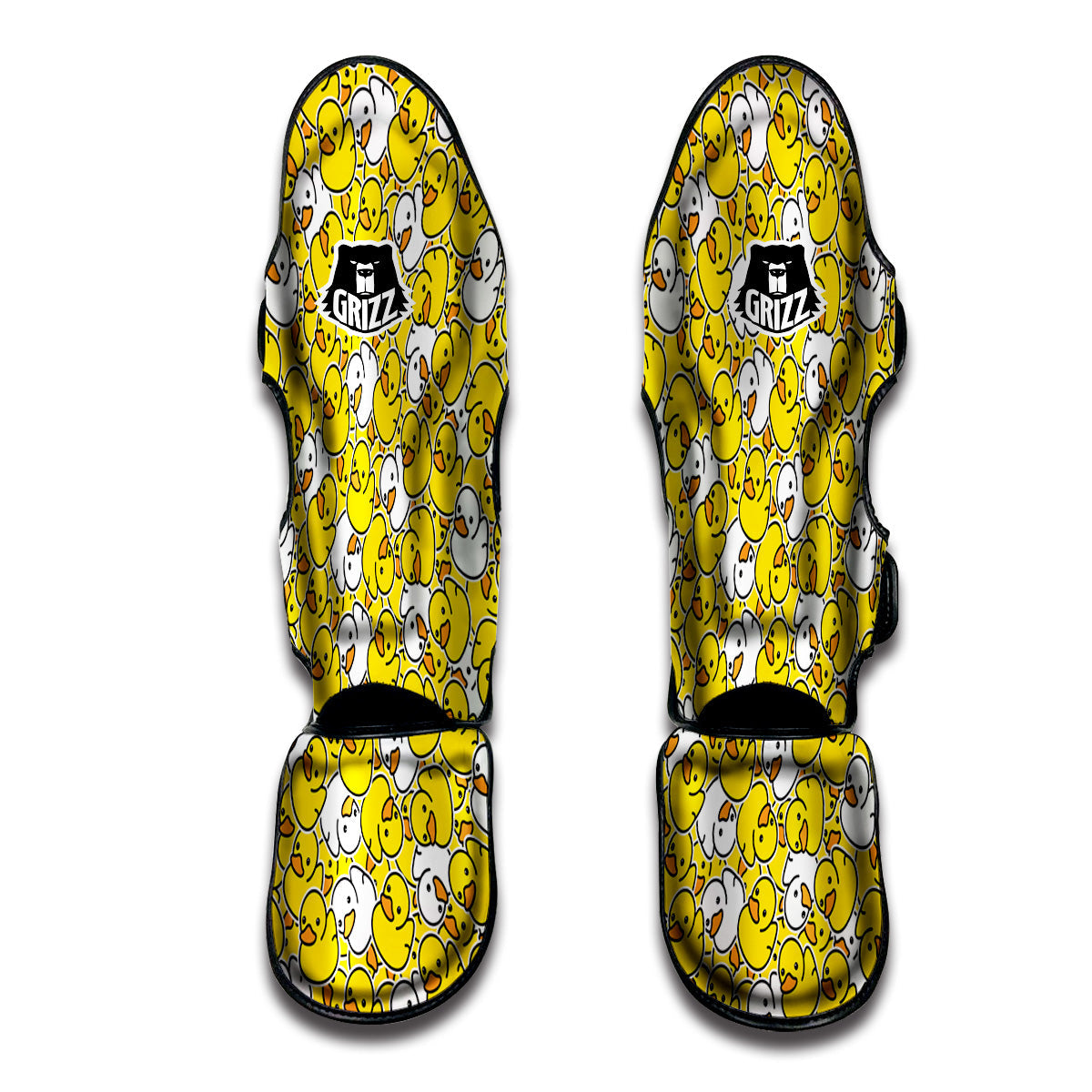 White And Yellow Duck Rubber Print Pattern Muay Thai Shin Guards-grizzshop