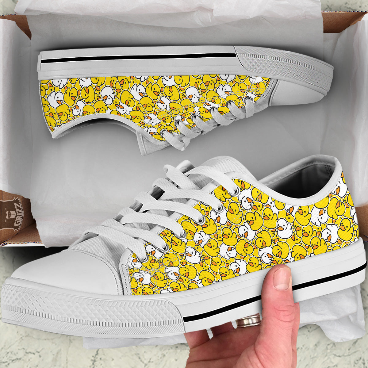 White And Yellow Duck Rubber Print Pattern White Low Top Shoes-grizzshop