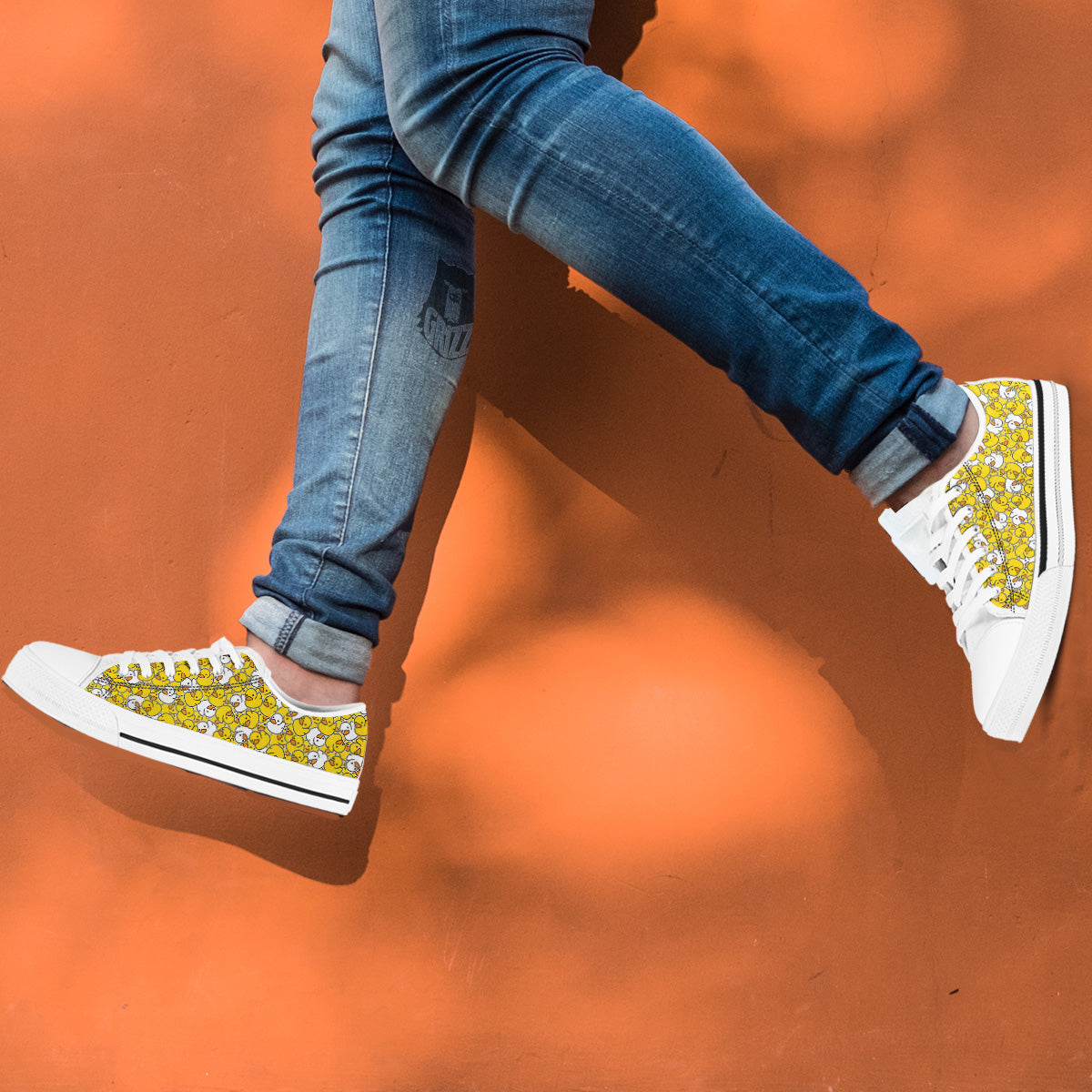 White And Yellow Duck Rubber Print Pattern White Low Top Shoes-grizzshop