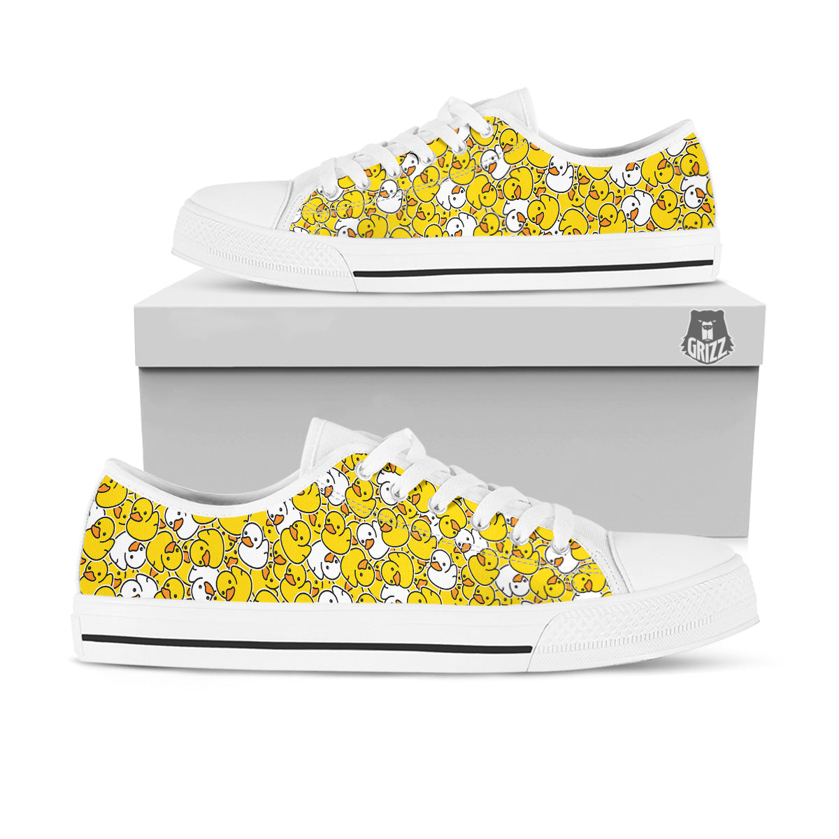 White And Yellow Duck Rubber Print Pattern White Low Top Shoes-grizzshop