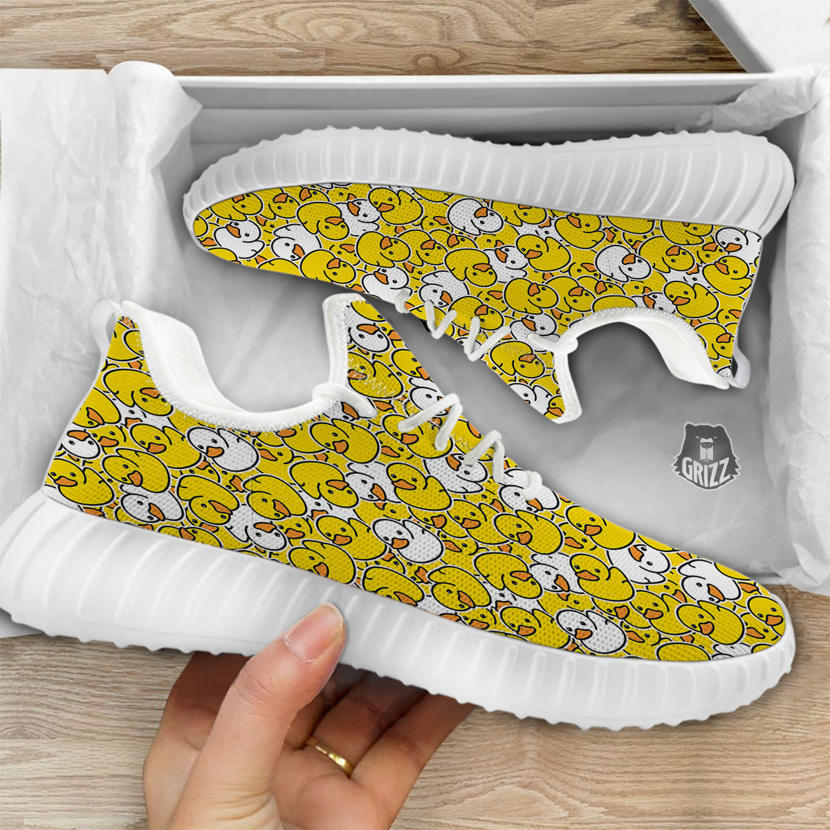White And Yellow Duck Rubber Print Pattern White Walking Shoes-grizzshop