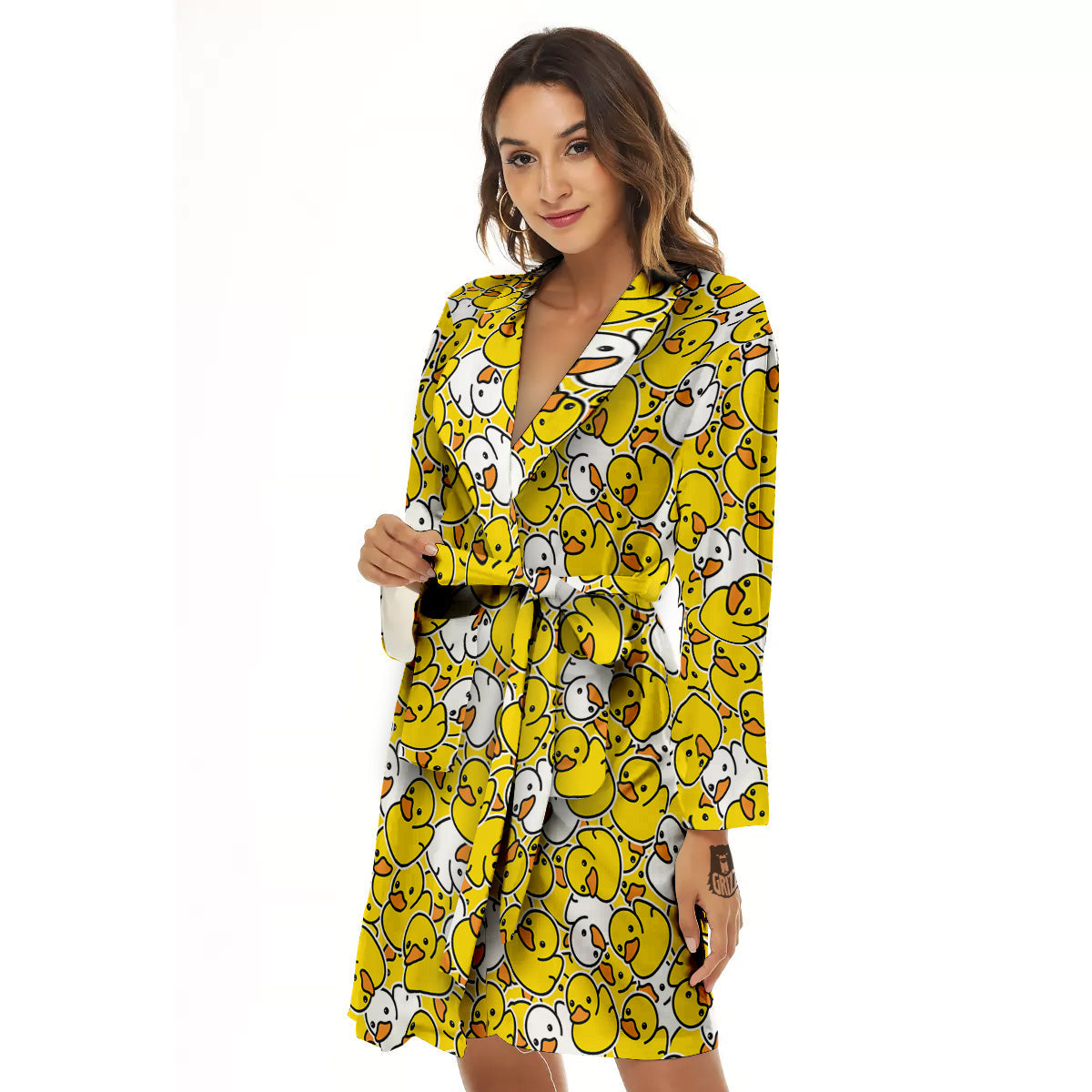 White And Yellow Duck Rubber Print Pattern Women's Robe-grizzshop
