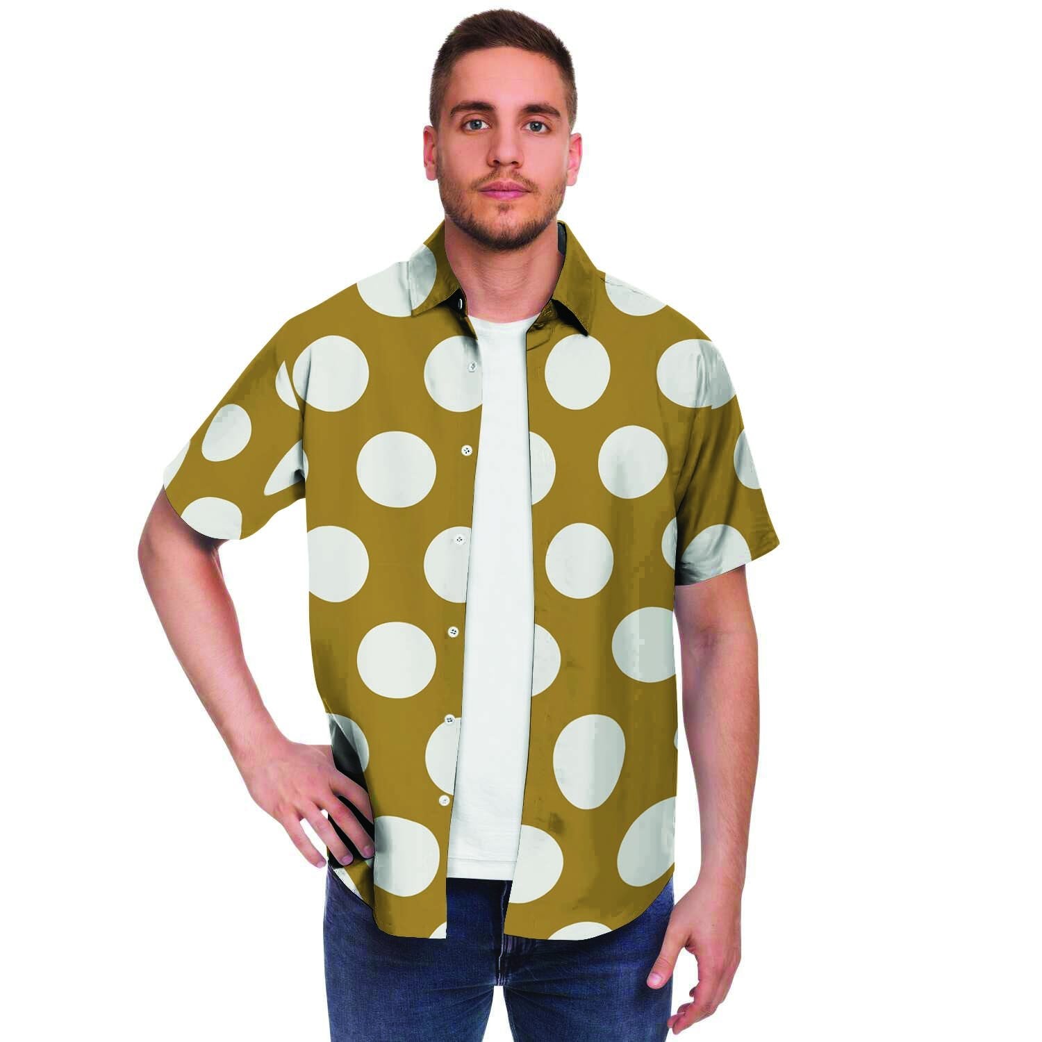 White And Yellow Polka Dot Men's Short Sleeve Shirt-grizzshop