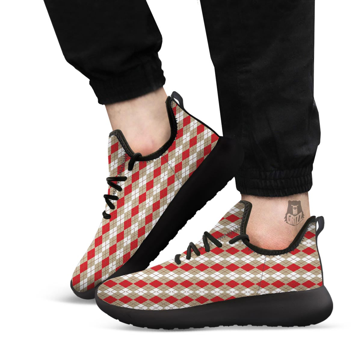 White Argyle And Beige Red Print Pattern Black Athletic Shoes-grizzshop