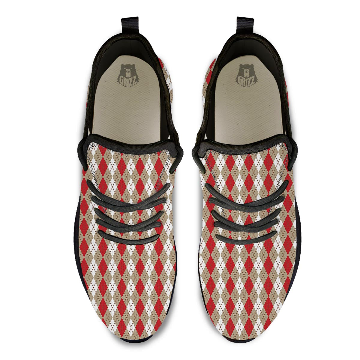 White Argyle And Beige Red Print Pattern Black Athletic Shoes-grizzshop