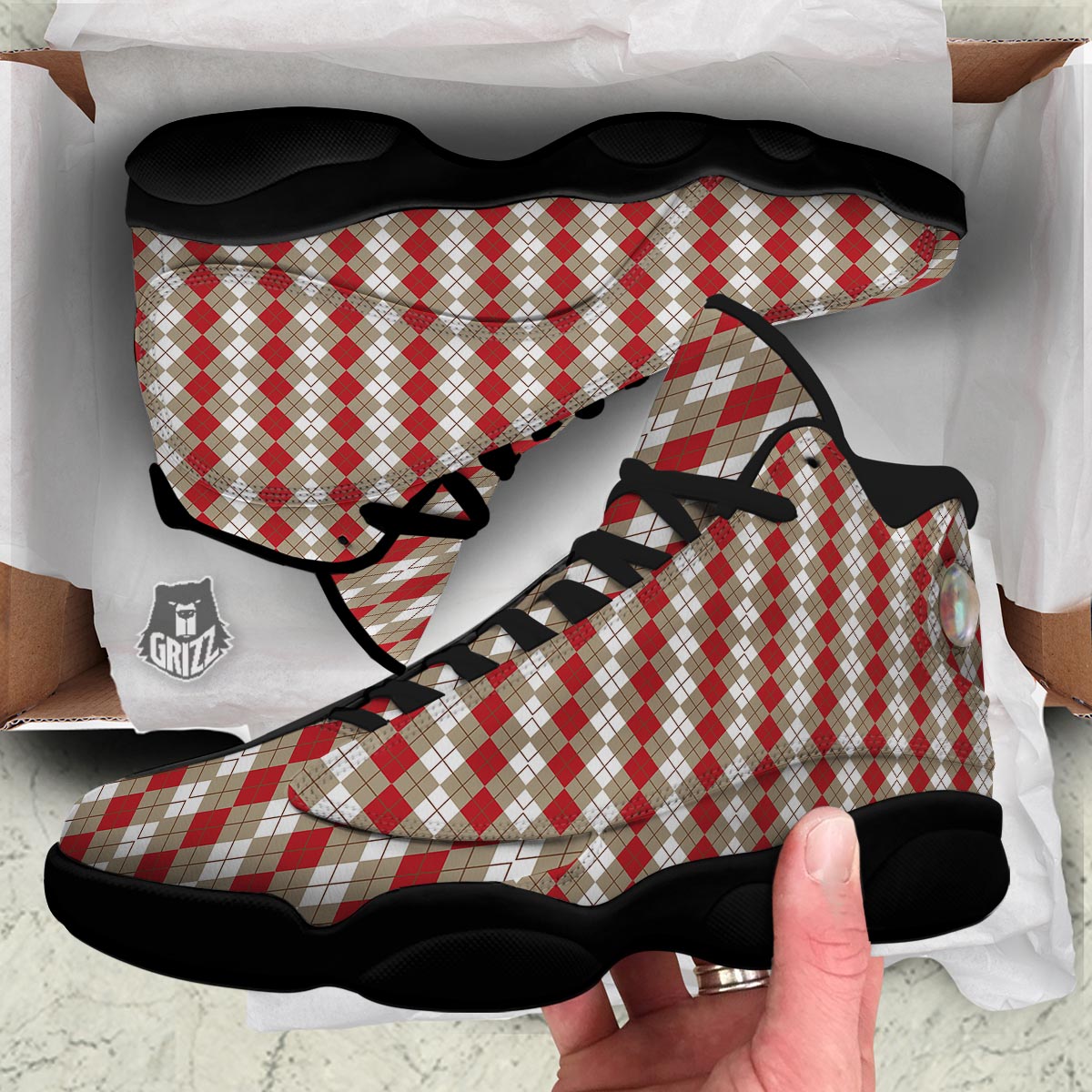 White Argyle And Beige Red Print Pattern Black Basketball Shoes-grizzshop