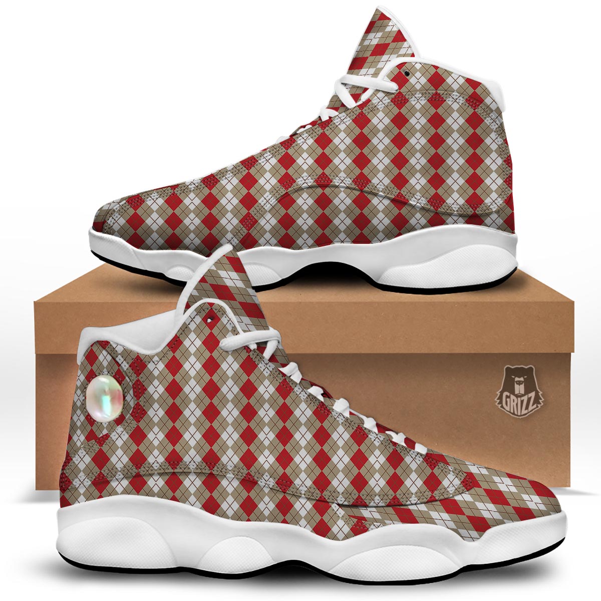 White Argyle And Beige Red Print Pattern White Basketball Shoes-grizzshop