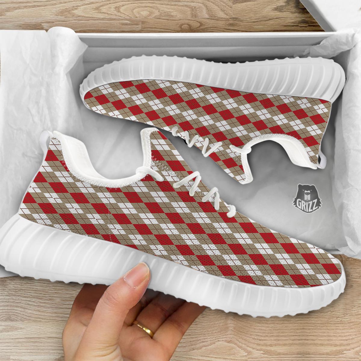 White Argyle And Beige Red Print Pattern White Walking Shoes-grizzshop