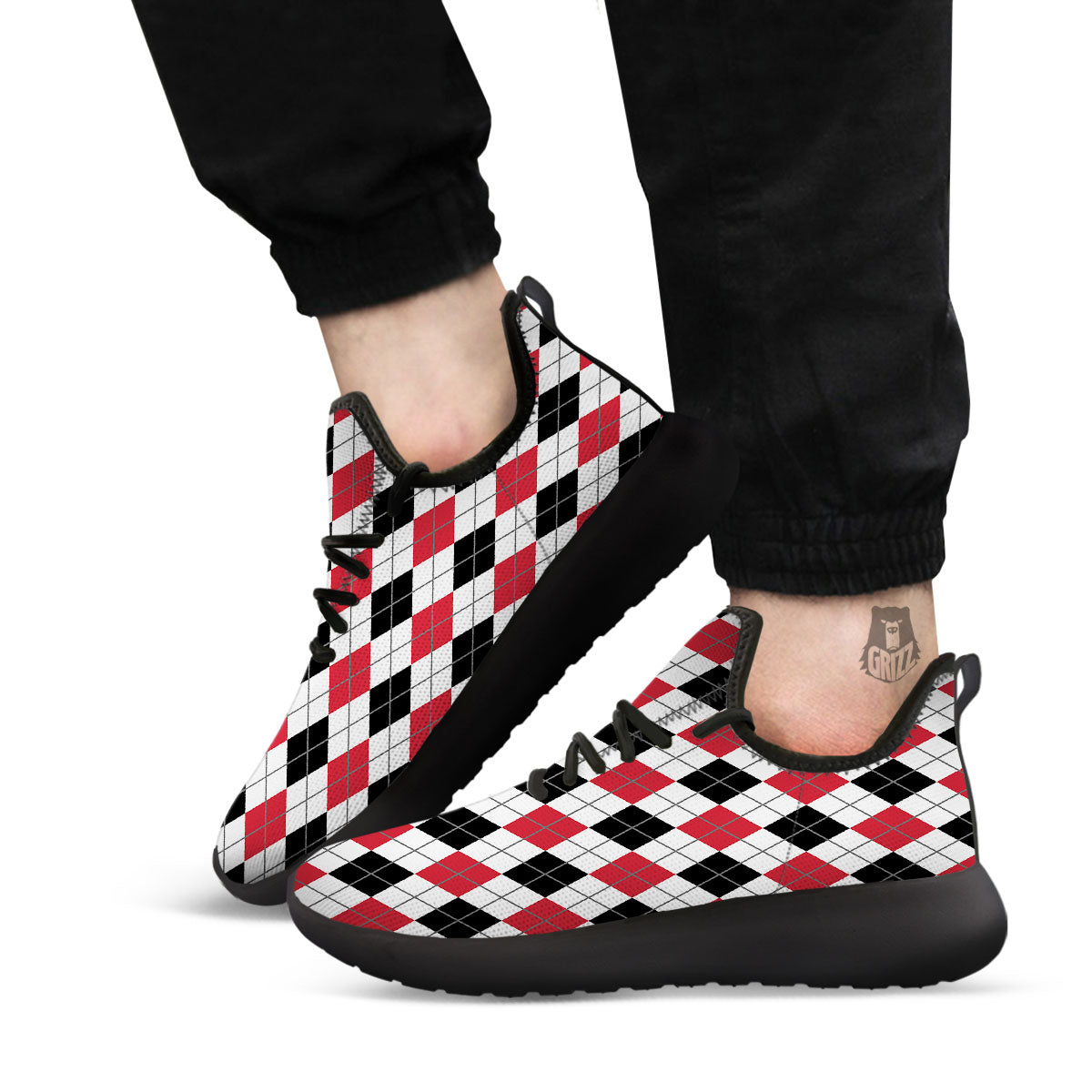 White Argyle And Black Red Print Black Athletic Shoes-grizzshop