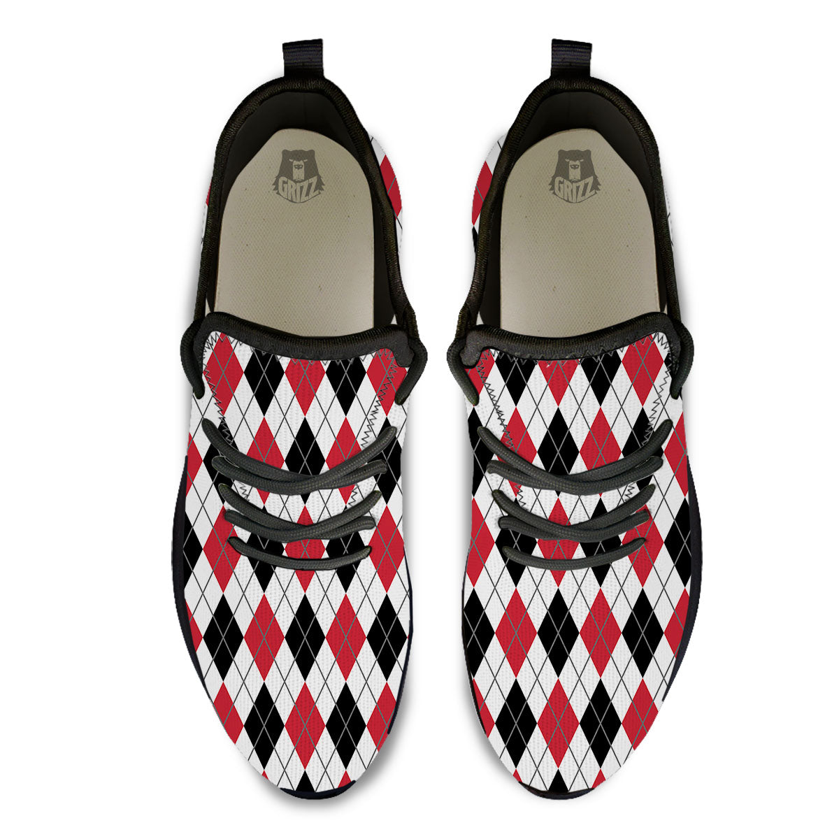 White Argyle And Black Red Print Black Athletic Shoes-grizzshop