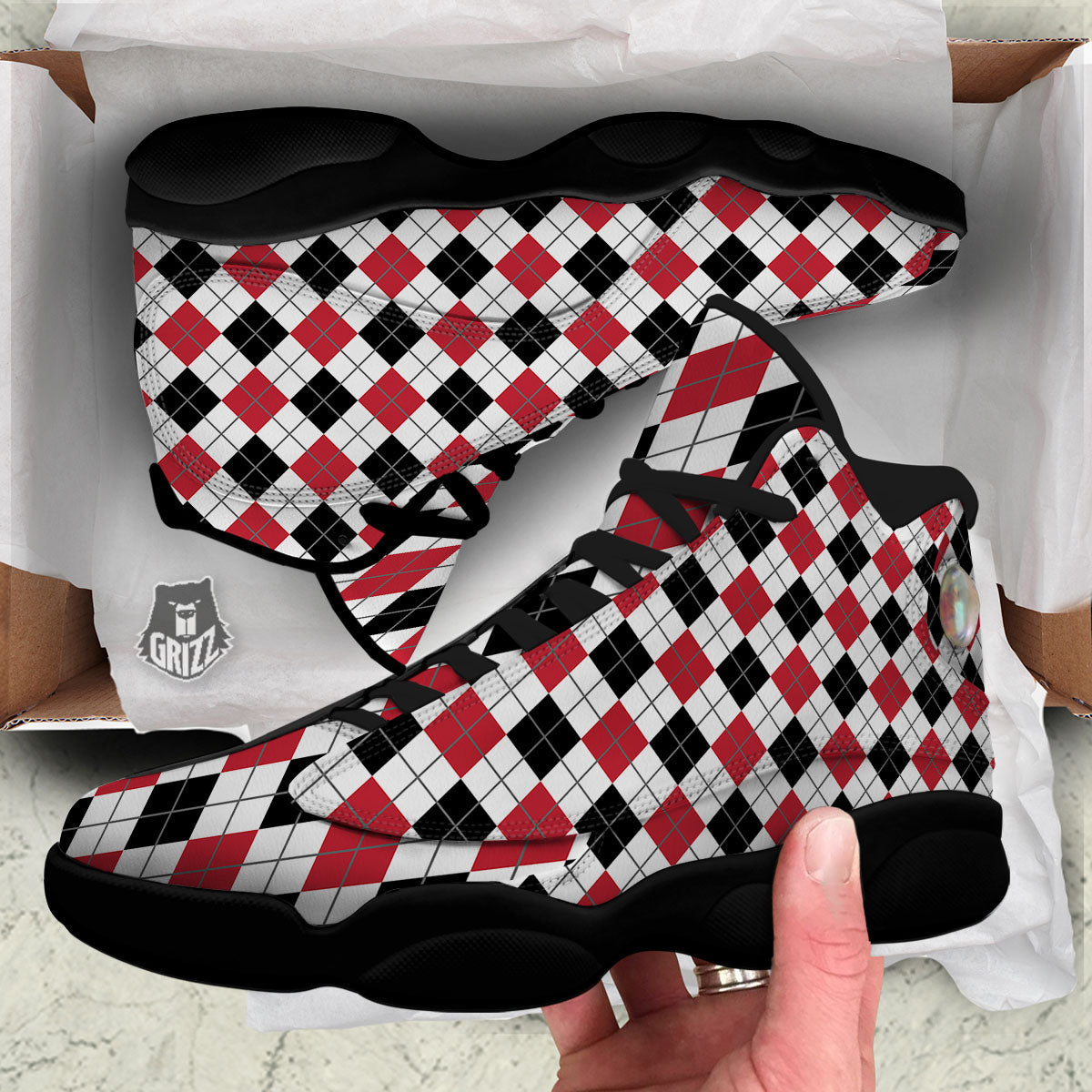 White Argyle And Black Red Print Black Basketball Shoes-grizzshop