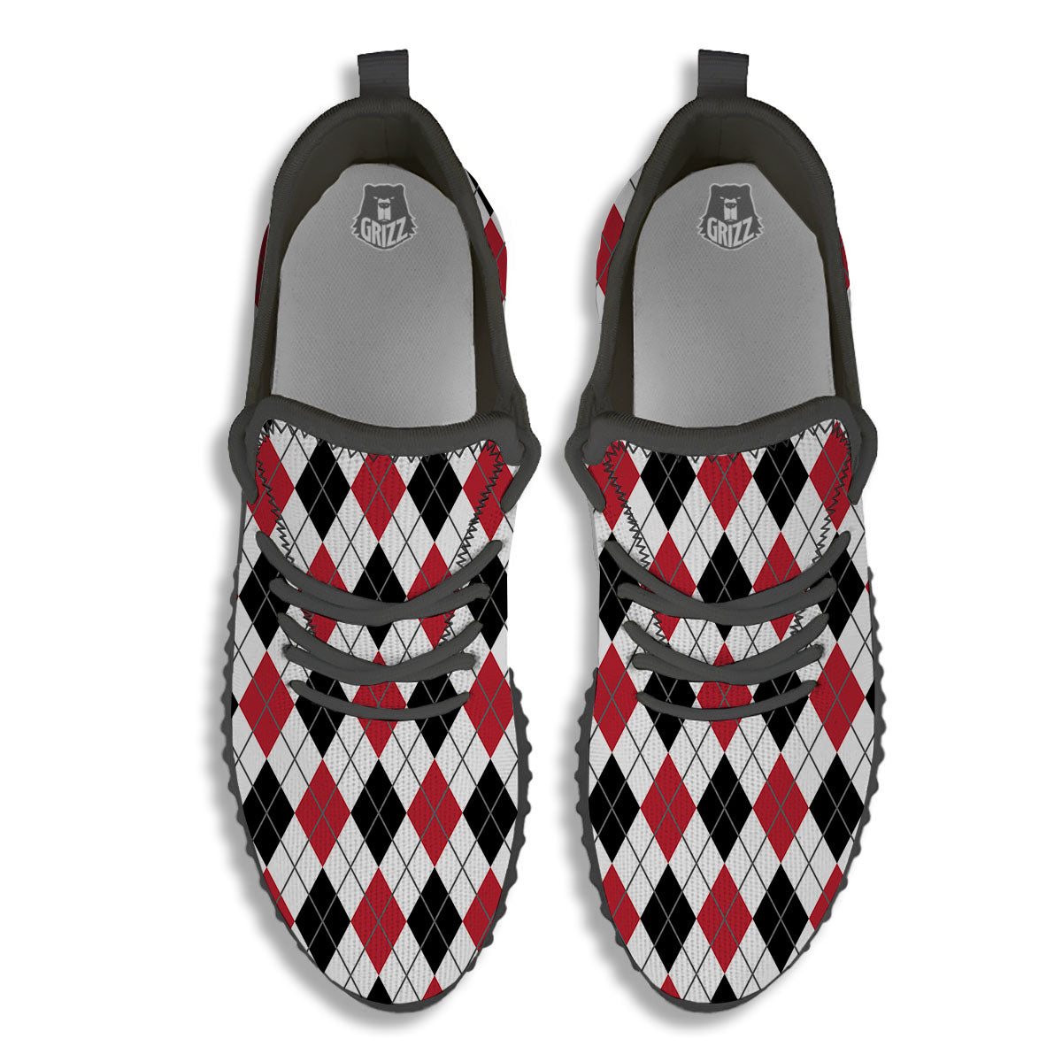 White Argyle And Black Red Print Black Walking Shoes-grizzshop