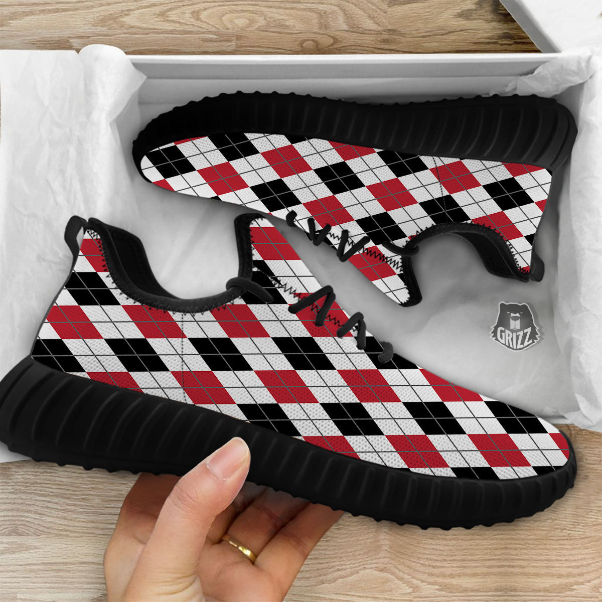 White Argyle And Black Red Print Black Walking Shoes-grizzshop