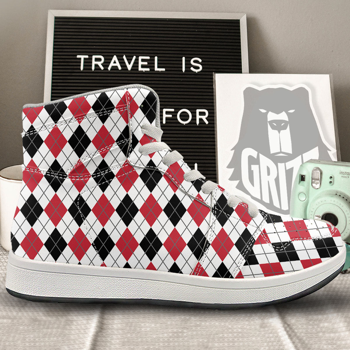White Argyle And Black Red Print High Top Sneakers-grizzshop