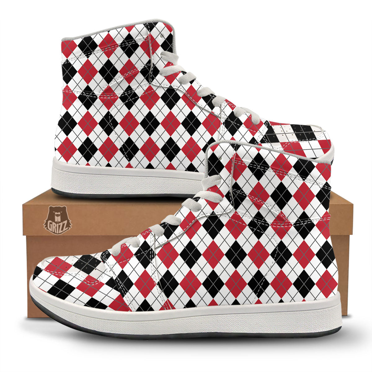 White Argyle And Black Red Print High Top Sneakers-grizzshop
