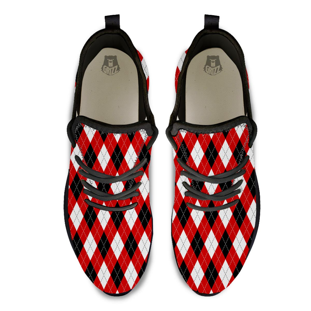 White Argyle And Black Red Print Pattern Black Athletic Shoes-grizzshop