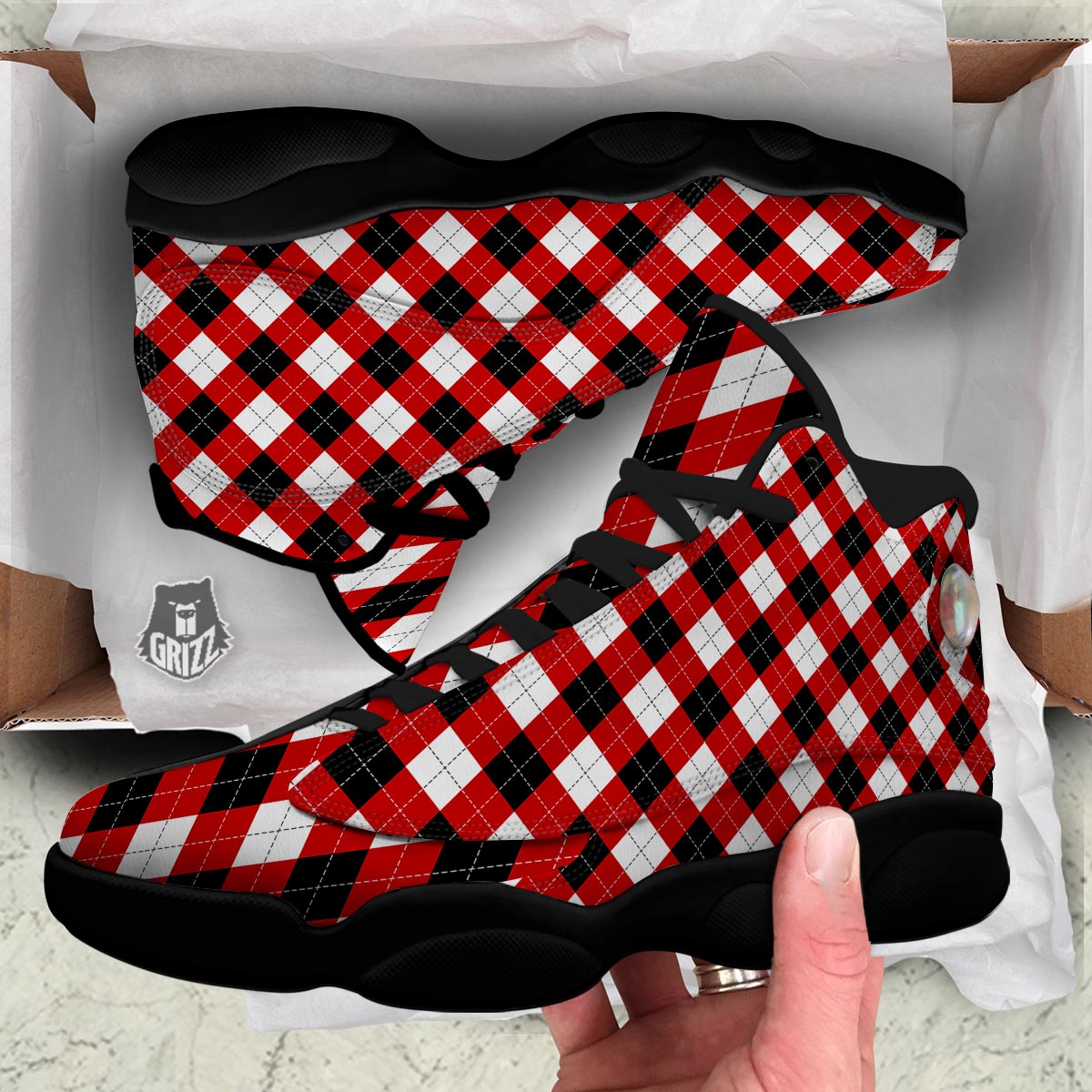 White Argyle And Black Red Print Pattern Black Basketball Shoes-grizzshop