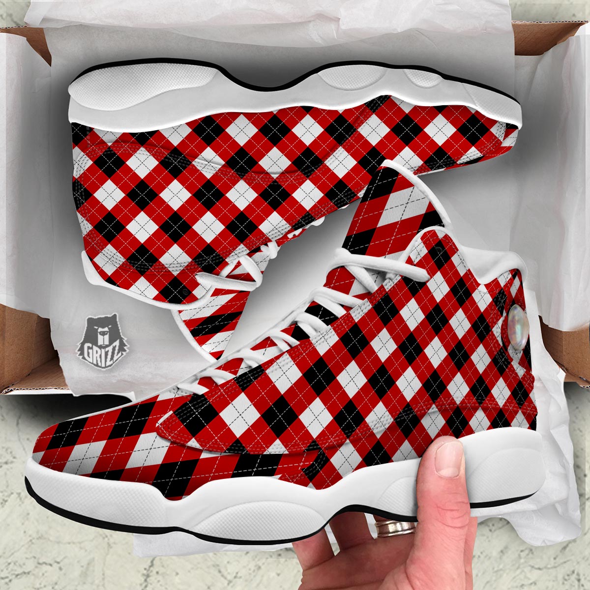 White Argyle And Black Red Print Pattern White Basketball Shoes-grizzshop