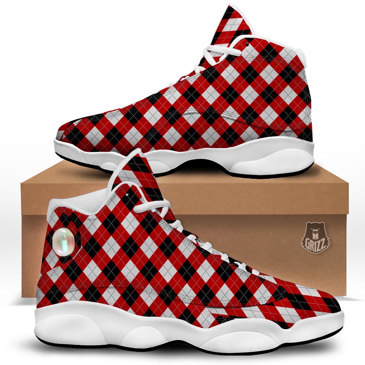 White Argyle And Black Red Print Pattern White Basketball Shoes-grizzshop