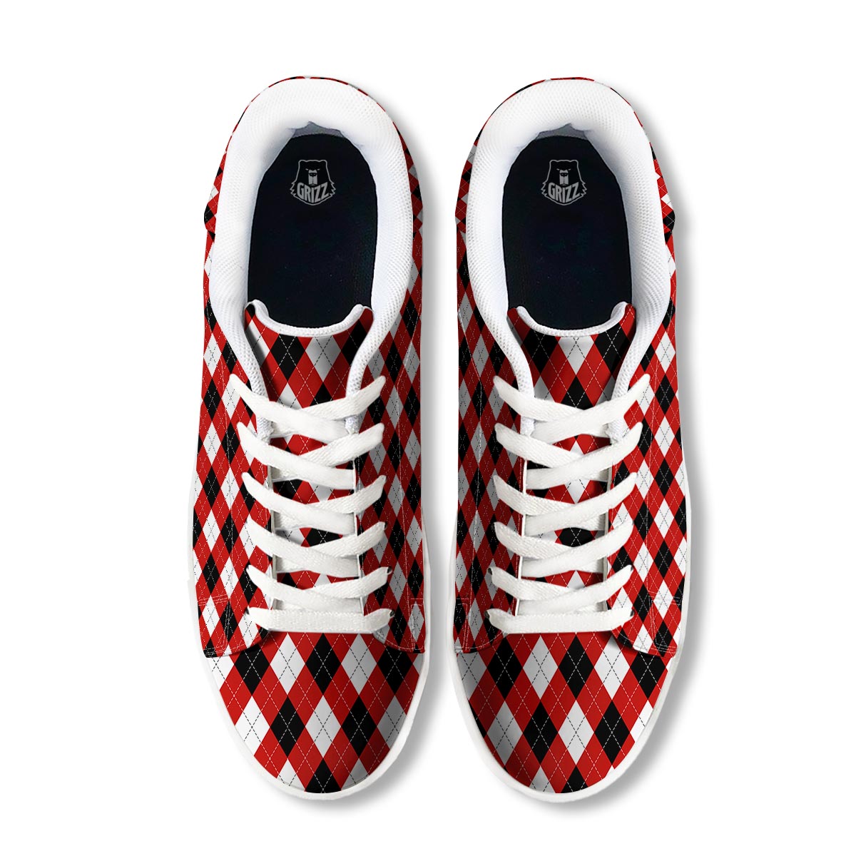 White Argyle And Black Red Print Pattern White Low Top Sneakers-grizzshop