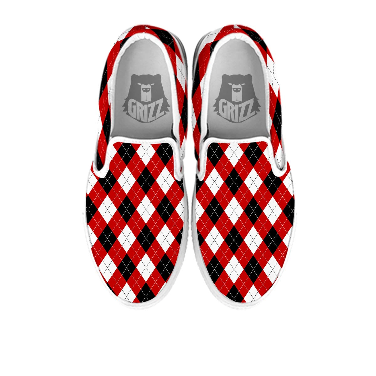 White Argyle And Black Red Print Pattern White Slip On Shoes-grizzshop