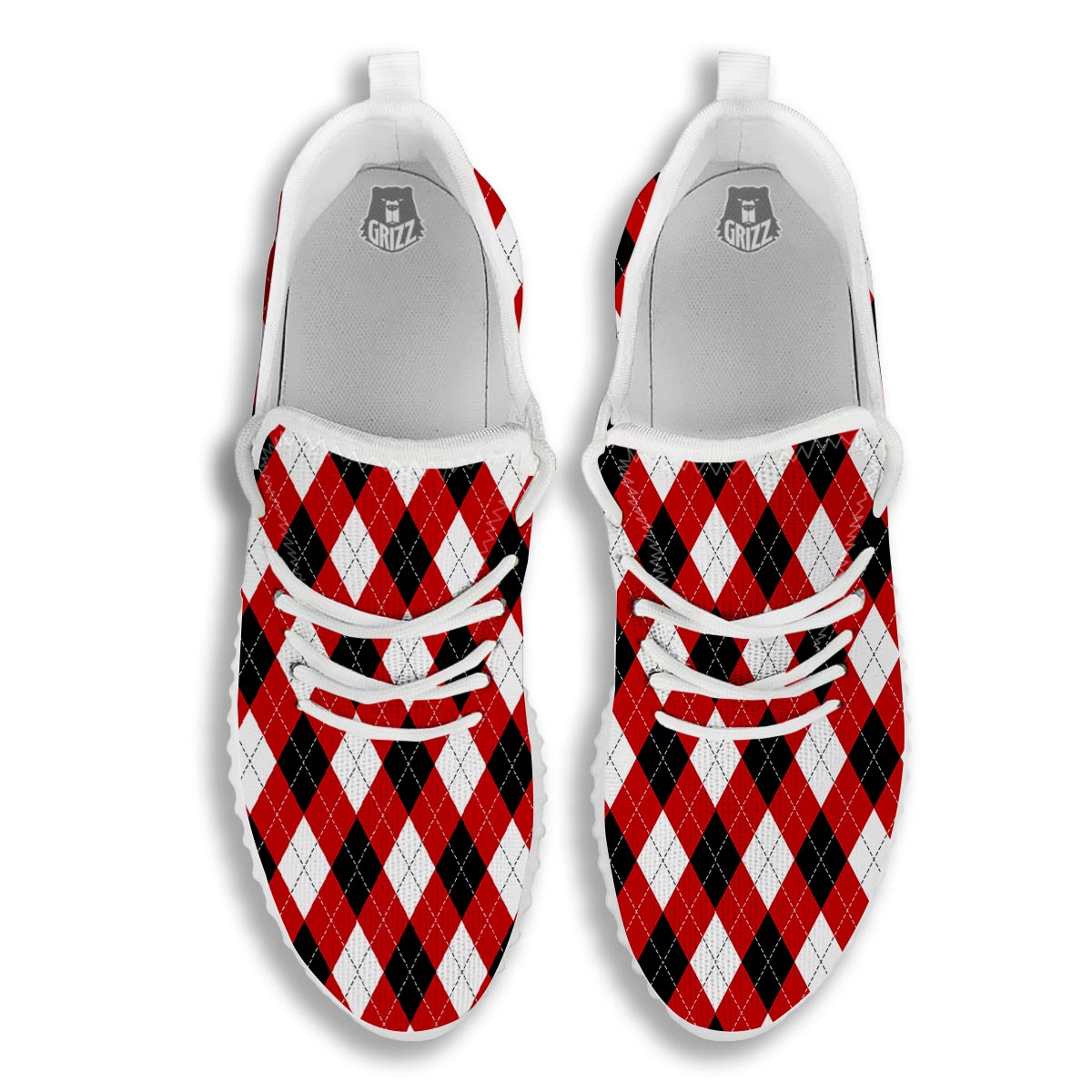White Argyle And Black Red Print Pattern White Walking Shoes-grizzshop