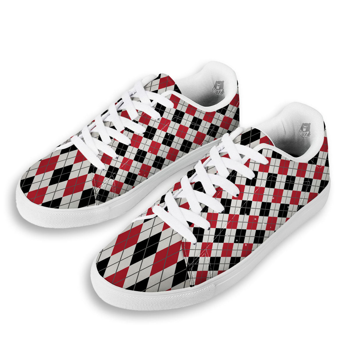 White Argyle And Black Red Print White Low Top Sneakers-grizzshop