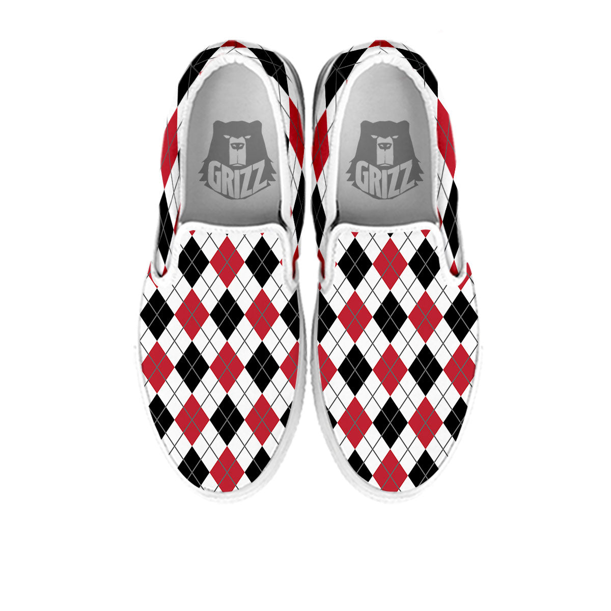 White Argyle And Black Red Print White Slip On Shoes-grizzshop