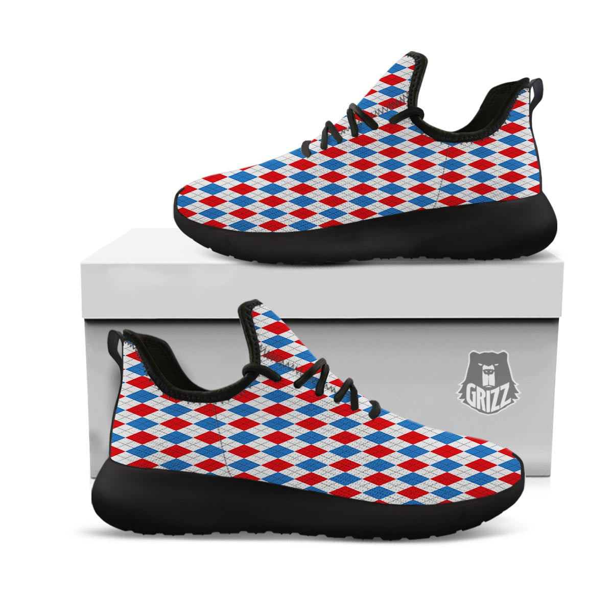 White Argyle And Blue Red Print Pattern Black Athletic Shoes-grizzshop