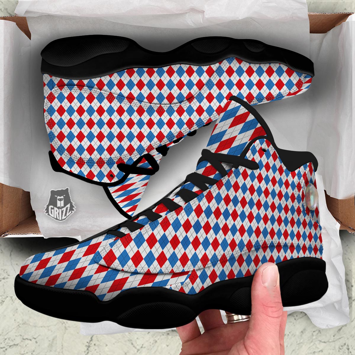 White Argyle And Blue Red Print Pattern Black Basketball Shoes-grizzshop