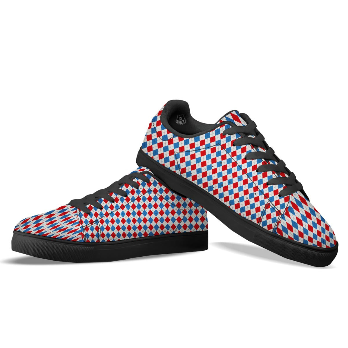 White Argyle And Blue Red Print Pattern Black Low Top Sneakers-grizzshop