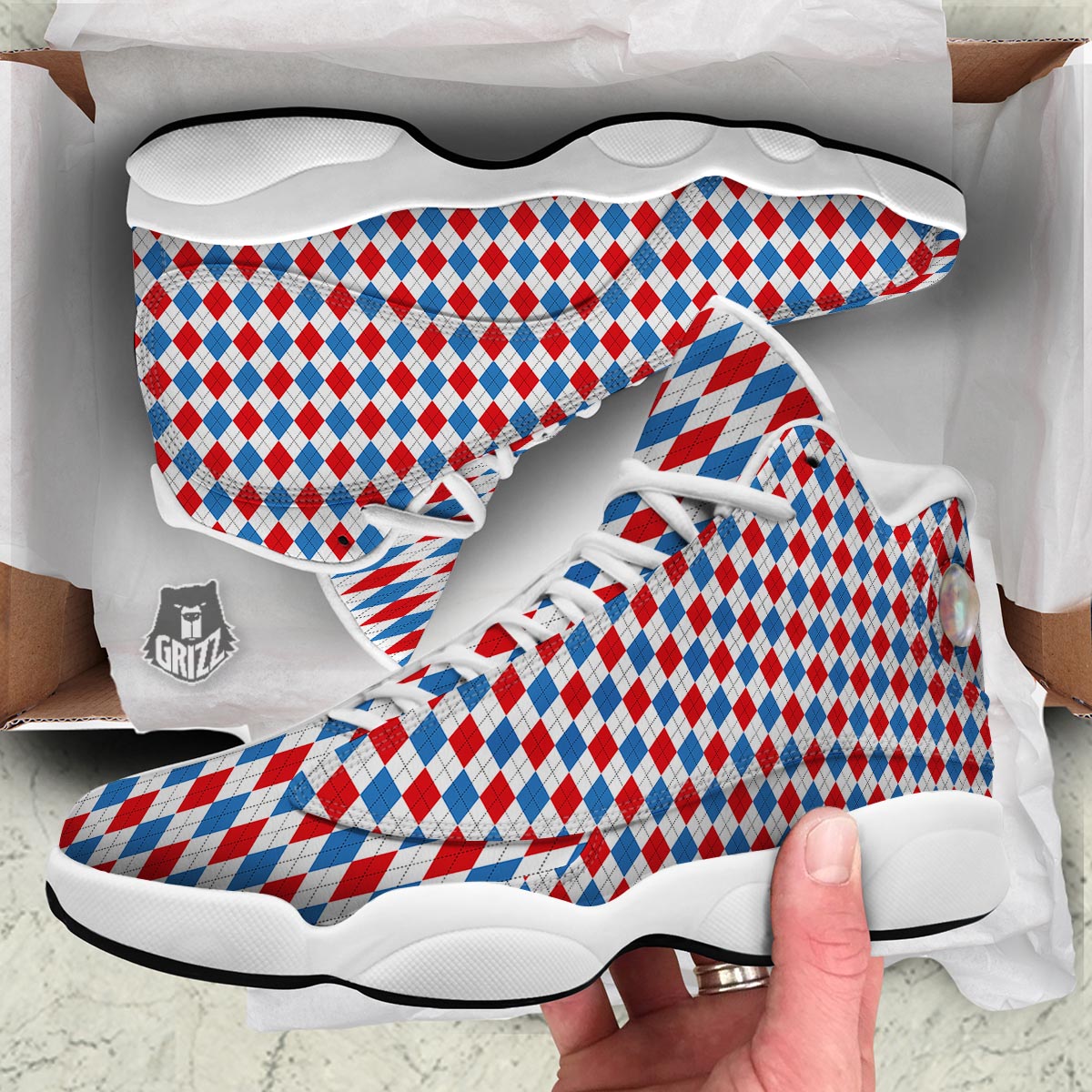 White Argyle And Blue Red Print Pattern White Basketball Shoes-grizzshop