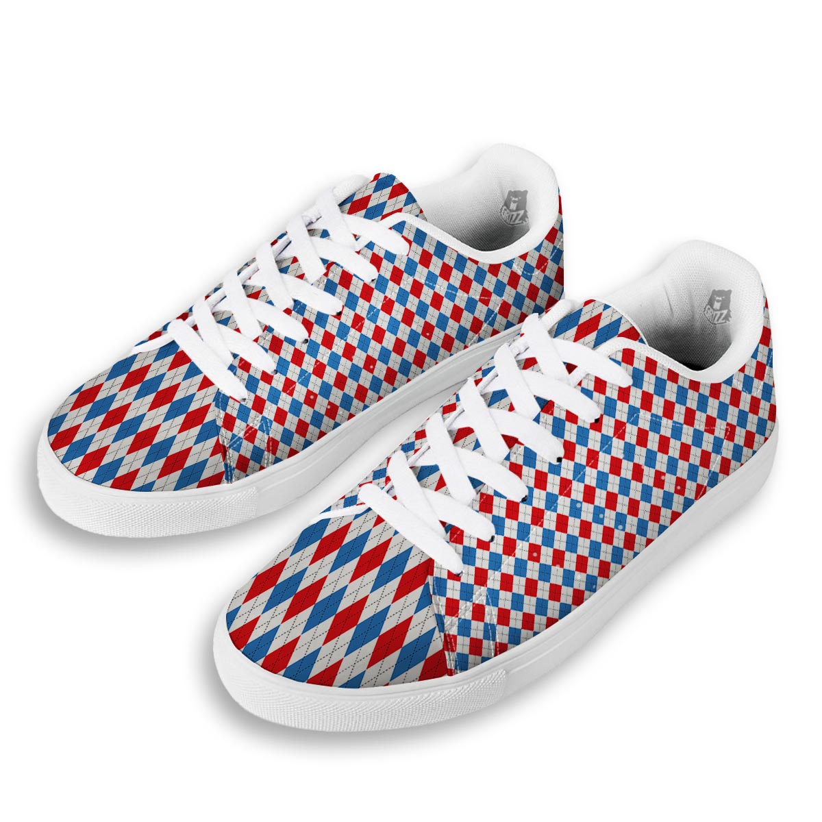 White Argyle And Blue Red Print Pattern White Low Top Sneakers-grizzshop