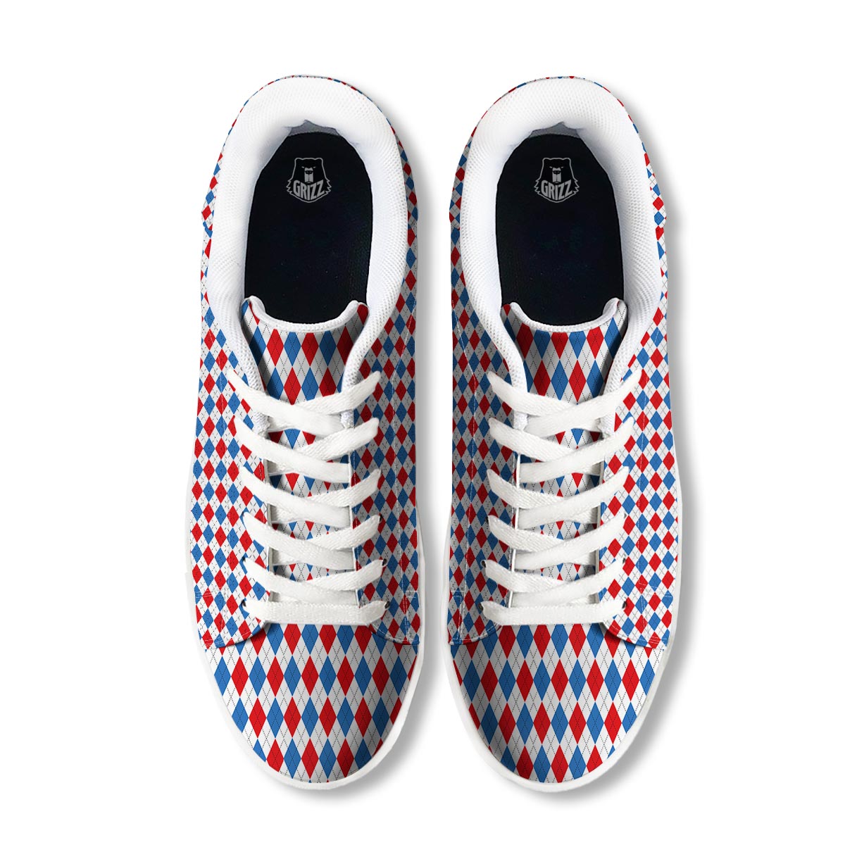 White Argyle And Blue Red Print Pattern White Low Top Sneakers-grizzshop