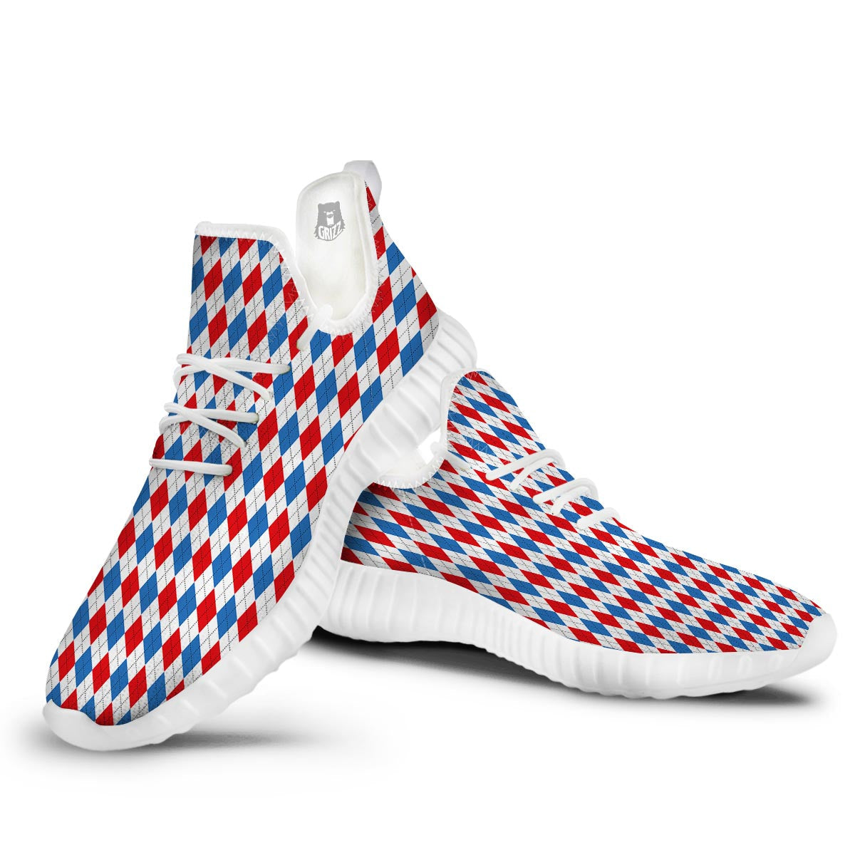 White Argyle And Blue Red Print Pattern White Walking Shoes-grizzshop