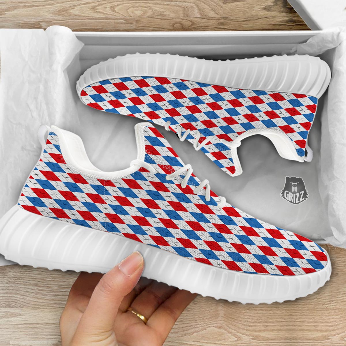 White Argyle And Blue Red Print Pattern White Walking Shoes-grizzshop