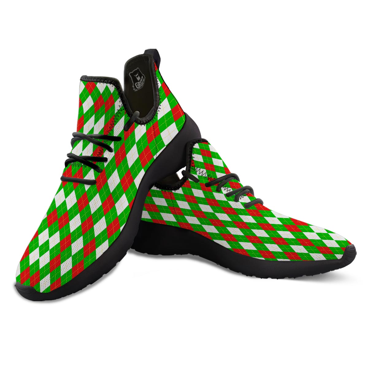 White Argyle And Green Red Print Pattern Black Athletic Shoes-grizzshop
