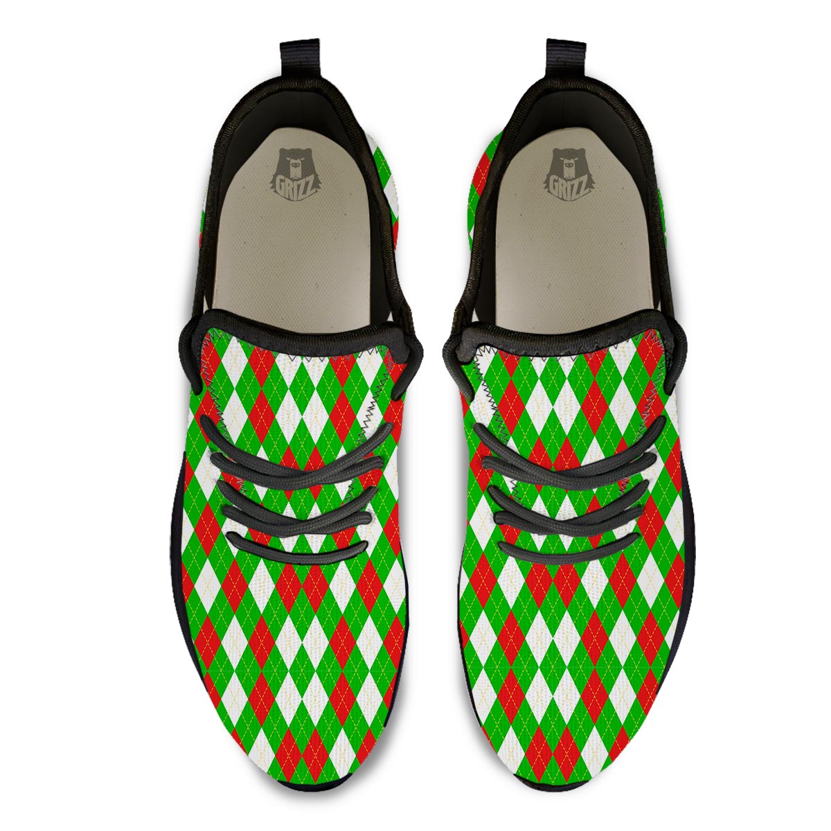 White Argyle And Green Red Print Pattern Black Athletic Shoes-grizzshop