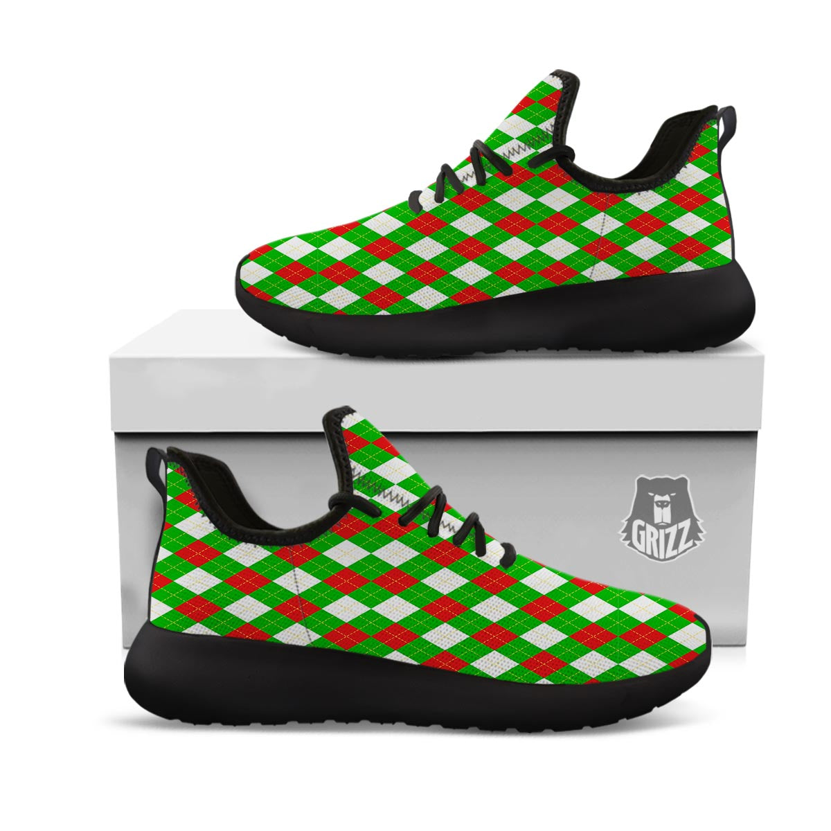 White Argyle And Green Red Print Pattern Black Athletic Shoes-grizzshop