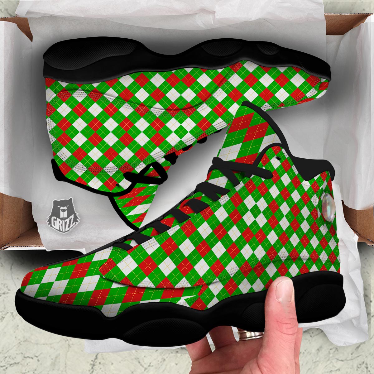 White Argyle And Green Red Print Pattern Black Basketball Shoes-grizzshop