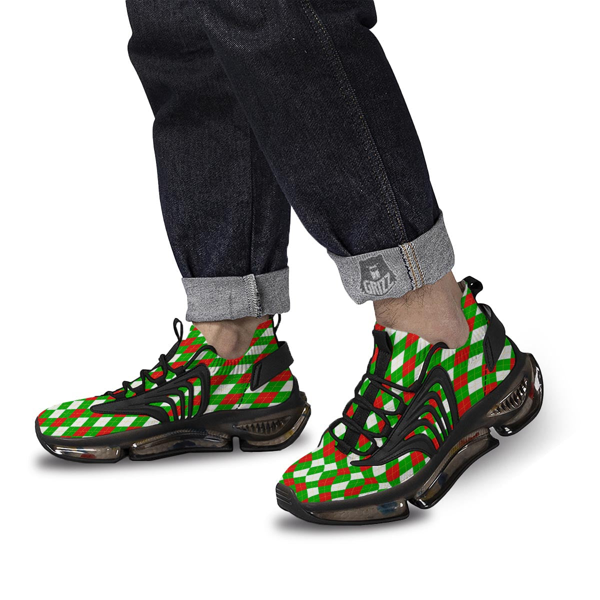 White Argyle And Green Red Print Pattern Black Gym Shoes-grizzshop