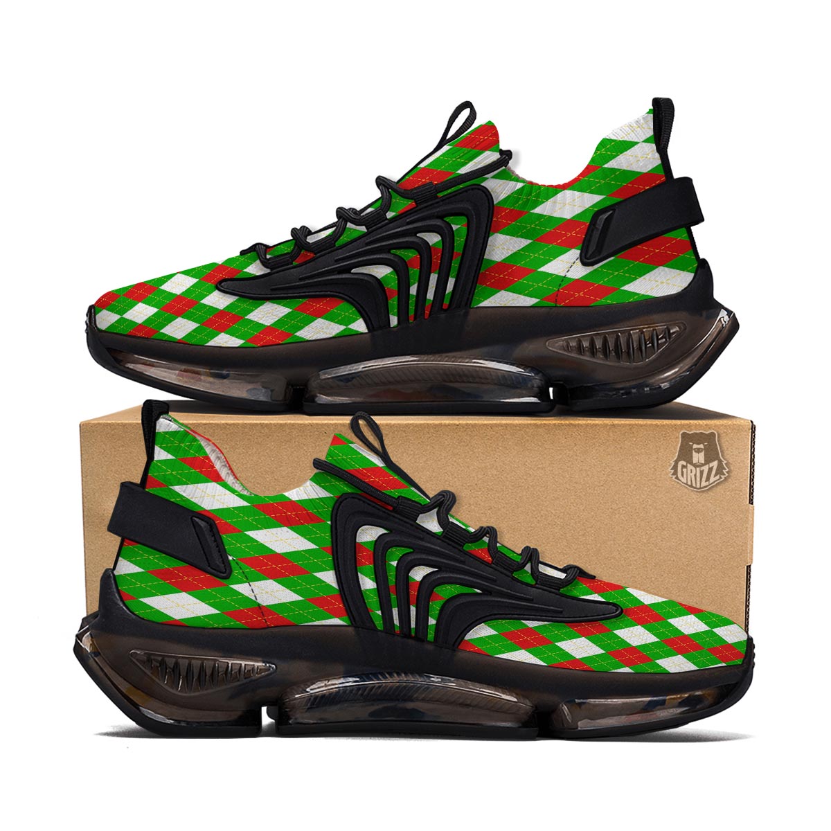 White Argyle And Green Red Print Pattern Black Gym Shoes-grizzshop