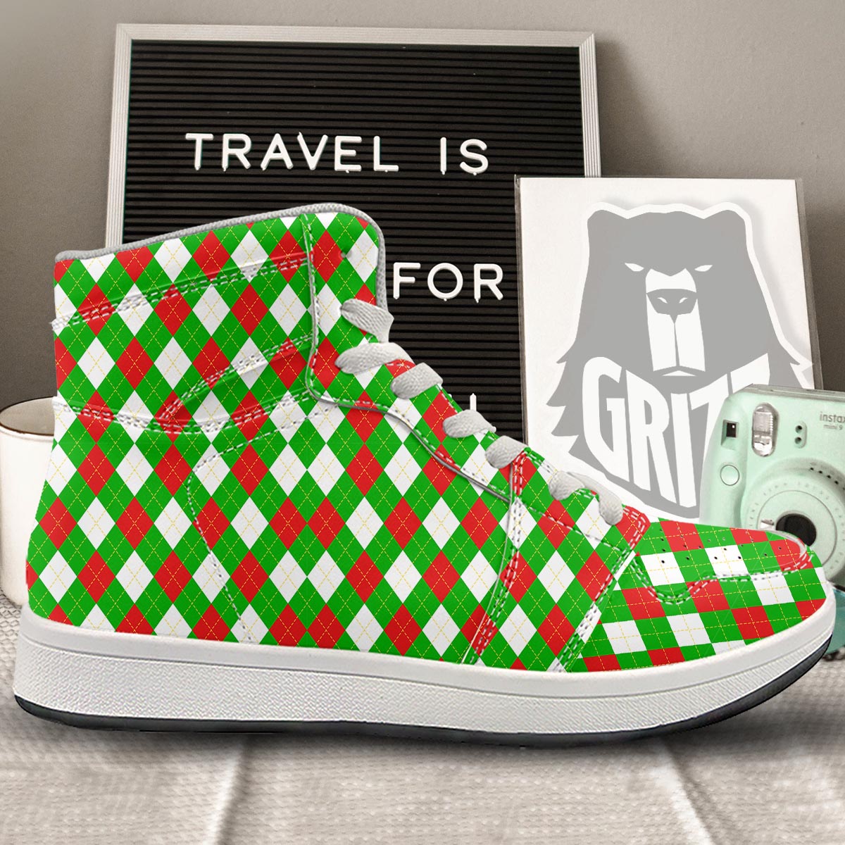 White Argyle And Green Red Print Pattern High Top Sneakers-grizzshop