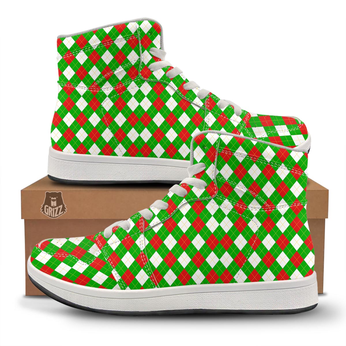 White Argyle And Green Red Print Pattern High Top Sneakers-grizzshop