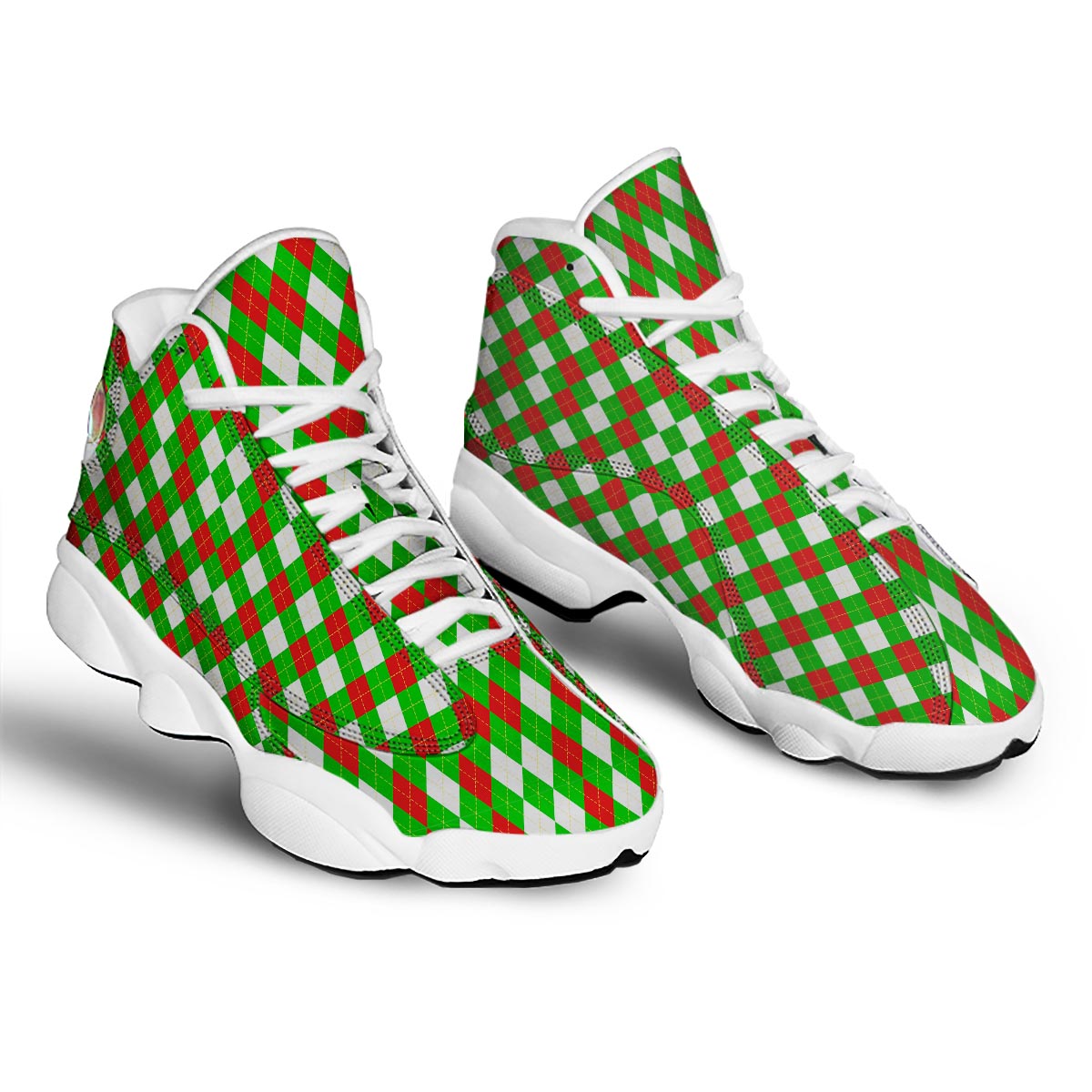 White Argyle And Green Red Print Pattern White Basketball Shoes-grizzshop