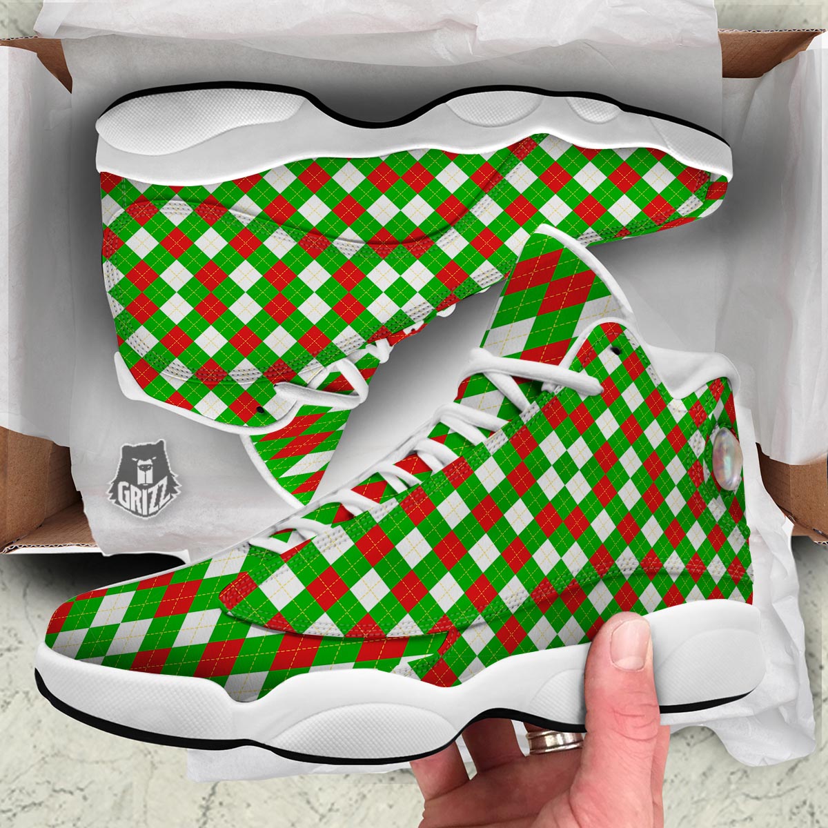 White Argyle And Green Red Print Pattern White Basketball Shoes-grizzshop