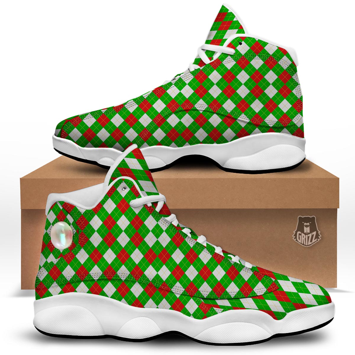 White Argyle And Green Red Print Pattern White Basketball Shoes-grizzshop