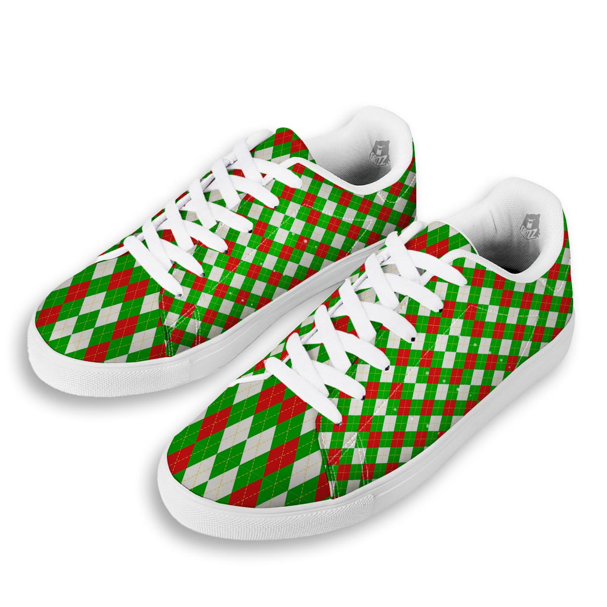 White Argyle And Green Red Print Pattern White Low Top Sneakers-grizzshop