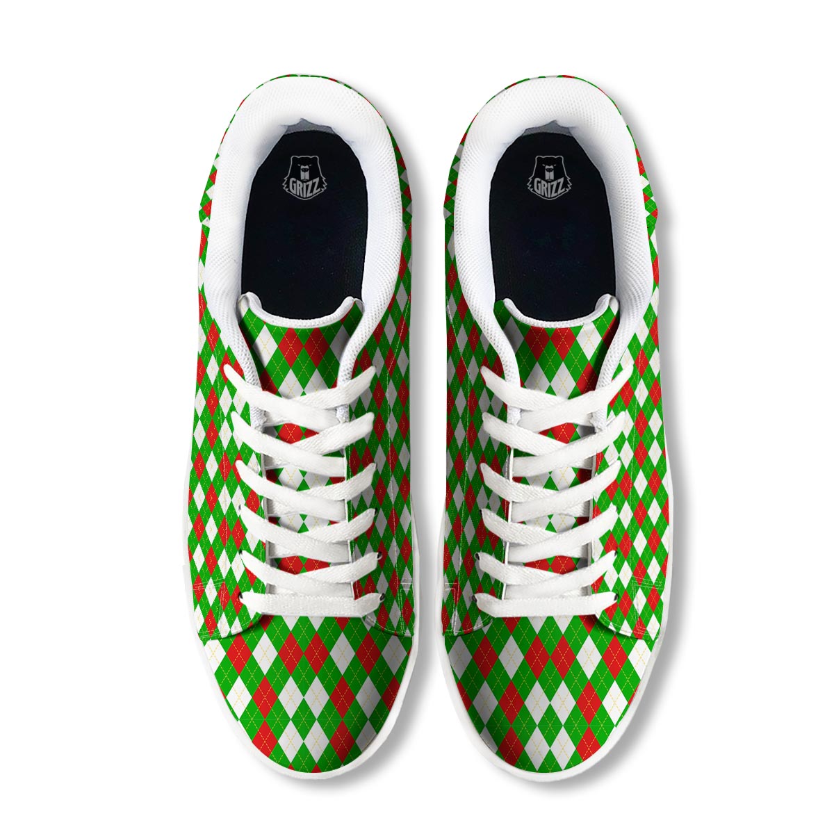 White Argyle And Green Red Print Pattern White Low Top Sneakers-grizzshop
