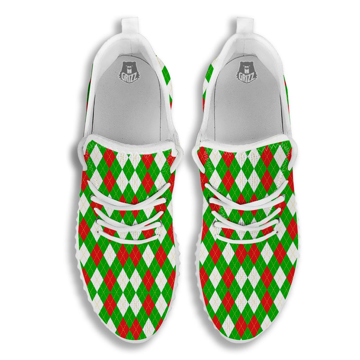 White Argyle And Green Red Print Pattern White Walking Shoes-grizzshop